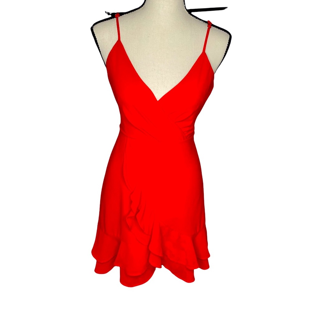 Red Sexy V neck Ruffle dress.